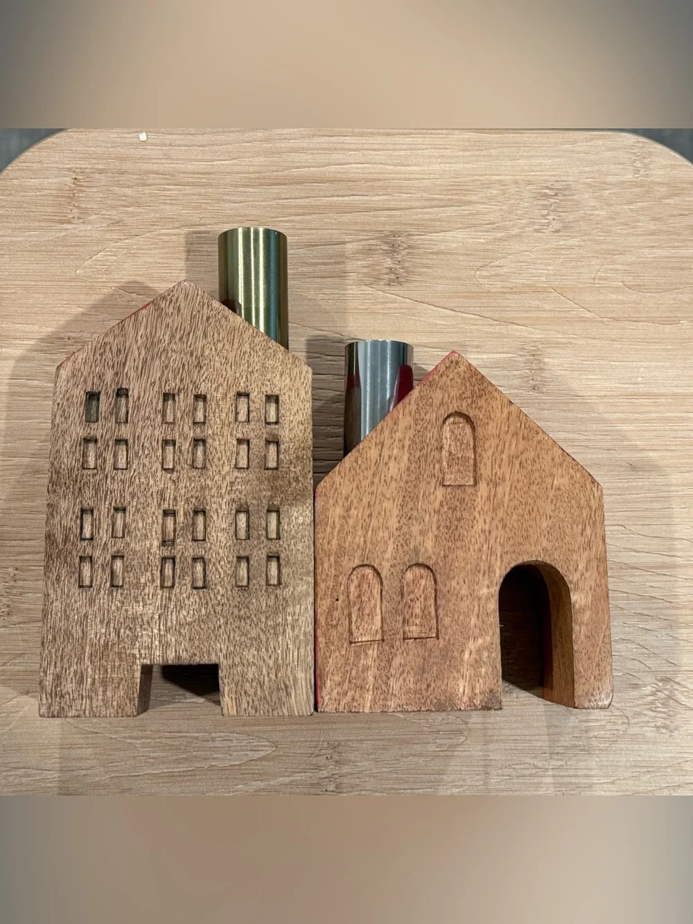 Vintage Set of 2 Wooden House Candleholders Cottagecore Decor Cabin Fall Winter